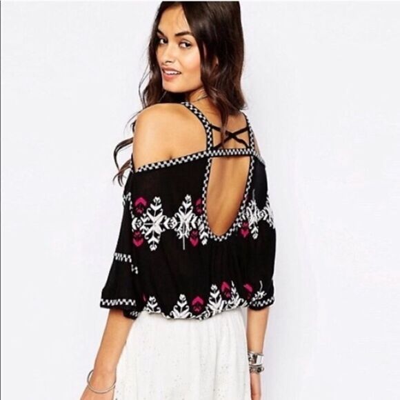 Free People Blue Embroidered Cold Shoulder Top Contemporary Festival Boho - Picture 13 of 14